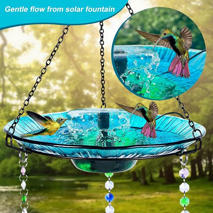 HEADAK LIFE Hummingbird Feeder and Bird Bath for Outdoors 2-in-1 for Small Birds - Hummingbird Bath Fountain with 3 Red Feeder Pots - Hanging Solar Bird Bath Fountains NY1-FN04