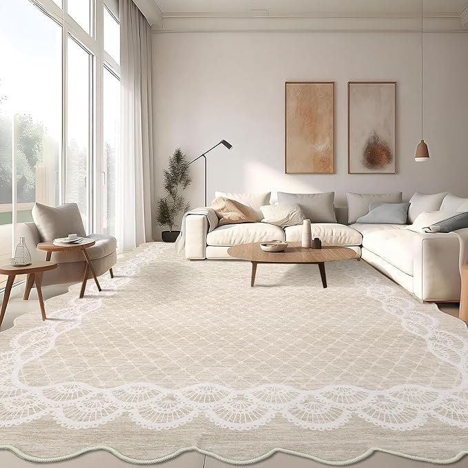 Garvee Washable Scalloped 9x12 Area Rug for Living Room, Lace Beige Rug | Soft Non Slip Rugs for Bedroom, Low Pile Neutral Rug, Stain Resistant Foldable Carpet for Playroom Dorm, Farmhouse Rugs