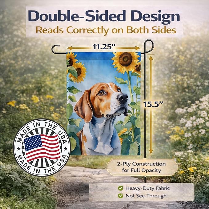 Caroline's Treasures DAC6074GF English Foxhound in Sunflowers Garden Flag Mailbox Flag Decorative Yard Flag Banner Outside Patio Artwork Yard Flower Beds, Garden Size, Multicolor