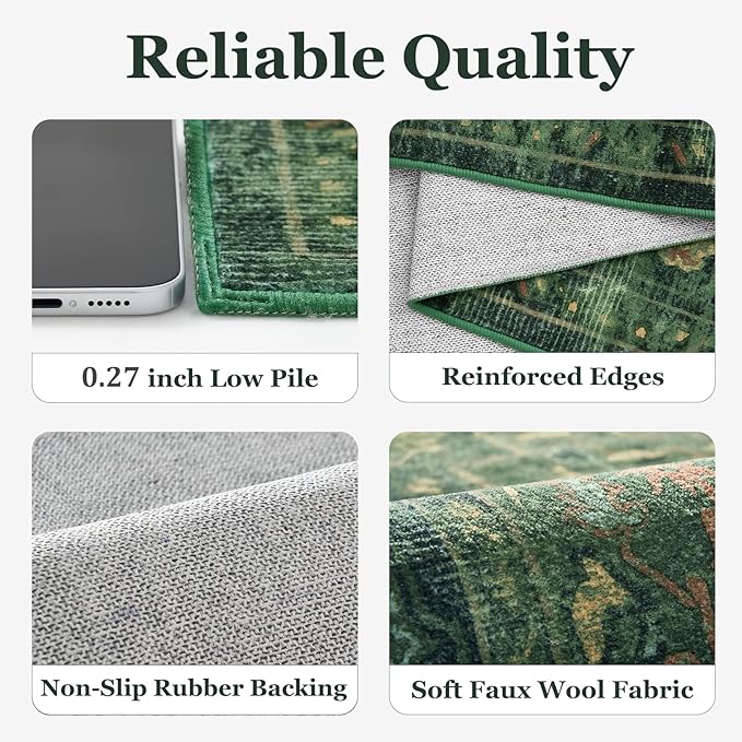 Dark Green 2x4 Entryway Small Rug, Retro Distressed Medallion Door Mat Indoor Entrance Entry Way, Washable Non Slip Low Pile Thin Runner Rug for Kitchen Floor Sink Area Bathroom