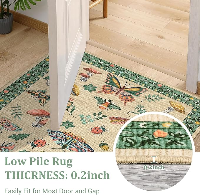 Mushroom Insect 8x10 Area Rugs, Washable Rugs for Living Room Non Slip Stain Resistant Low Pile Modern Butterfly Carpet for Bedroom Dining Room Nursery Playroom Office, Khaki Green