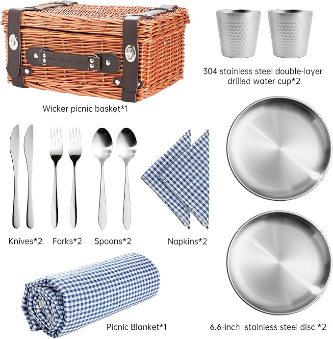 Picnic Basket Set for 2, Wicker Picnic Baskets with Waterproof Blanket and Cutlery Service Kit, Willow Hamper for Camping, Outdoors, Valentine's Day, Christmas, Birthday, Wedding Gift