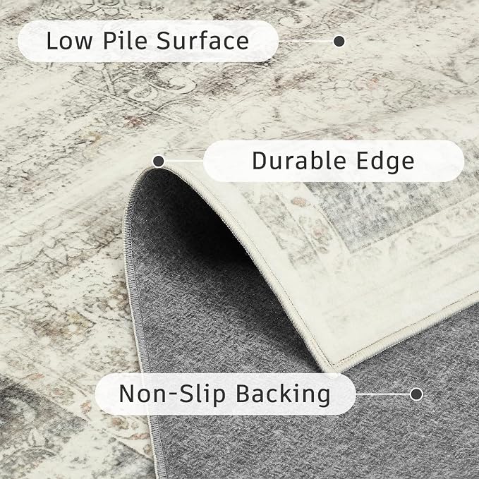 DCX Washable 8x10 Vintage Rug Stain Resistant Distressed Beige Rug | Kid & Pet Friendly with Rubber Back Non Slip Soft Low Pile Large Carpet for Living Room, Bedroom, Home Office
