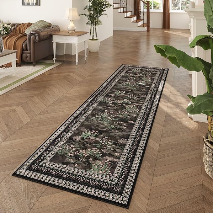 Rugcomf Runner Rug Impressionist-Style Vintage Kitchen Rugs Non Slip Washable Soft Carpet Runner for Kitchen Laundry Bedroom Bathroom, Black