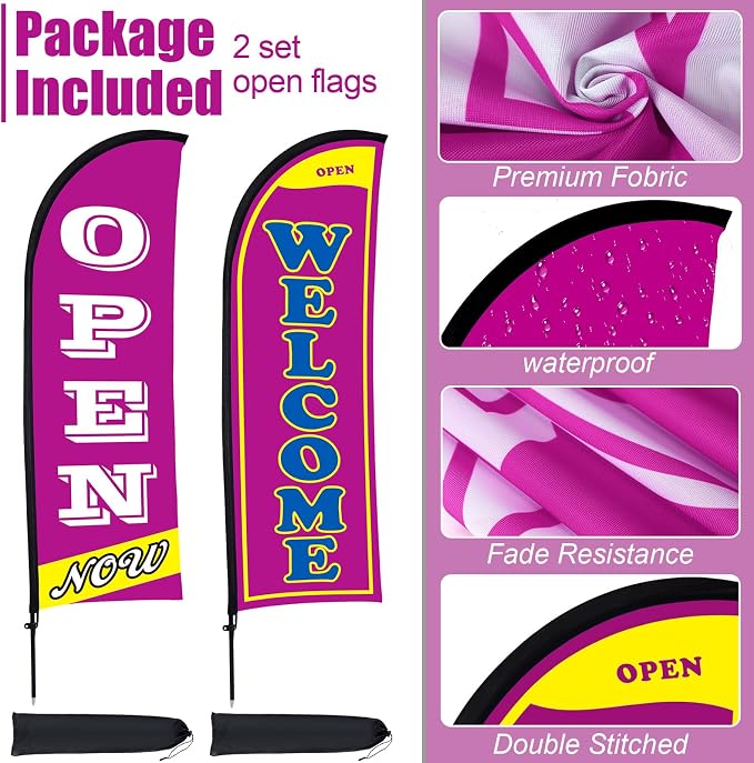 Buryeah 2 Sets Now Open Flag Banner for Business Advertising 7 ft Feather Flag Sign with Flagpole Ground Stake Portable Bag (Purple)