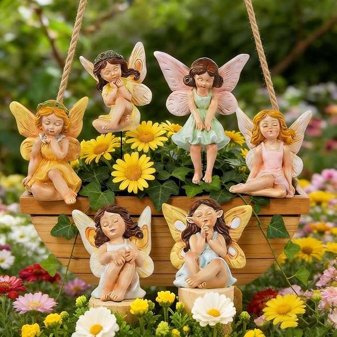 6PCS Fairy Garden Decor Fairies,Yard Sculpture Lawn Ornament Mini Garden Art Outdoor Decor Accessories with Lantern (6 Resin Fairies)