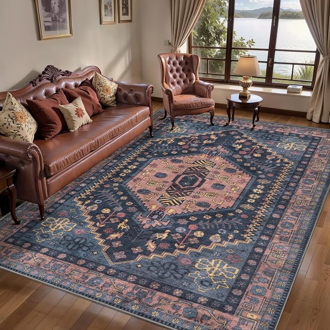Ciicool Washable 4x6 Area Rug,Boho Non-Slip Indoor Mat for Entryway Kitchen | Oriental Low-Pile Soft Vintage Boho Indoor Entry Navy Carpet for Bedroom Bedside Living Room Laundry Dining Room