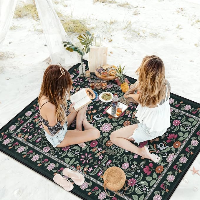 Floral Picnic Blankets Waterproof Foldable, 80″X80″ Extra Large Picnic Mat Boho Outdoor Blanket for Grass, Dark Packable Beach Blanket Sandproof Picnic Accessories for Camping Music Festival Park Lawn