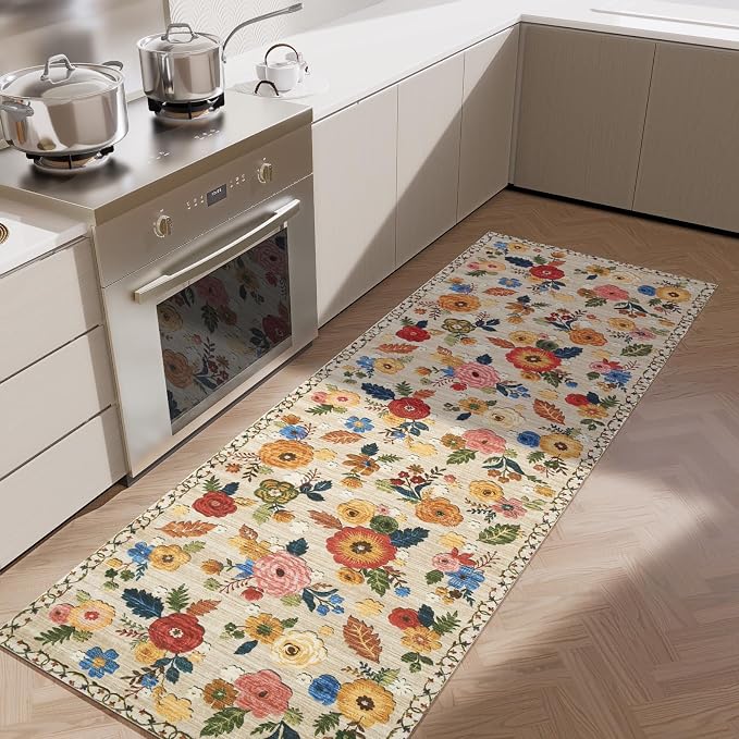 2x6 Hallway Washable Runner Rug: Vintage Kitchen Rug Runner with Non Slip Backing Low Pile Soft Faux Wool Non Shedding Distressed Carpet Runners for Entryway Living Room Bedroom Bathroom Farmhouse