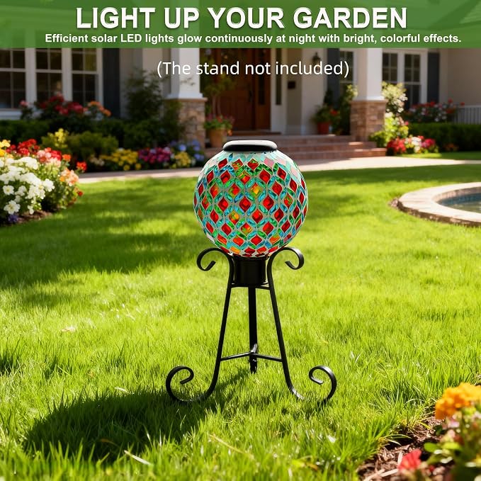 VOREEN 8" Solar Mosaic Glass Garden Ball, IP45 Waterproof Globe Yard Light, Automatic Dusk-to-Dawn Colorful Landscape Lamp for Patio Lawn Pathway Outdoor Decoration