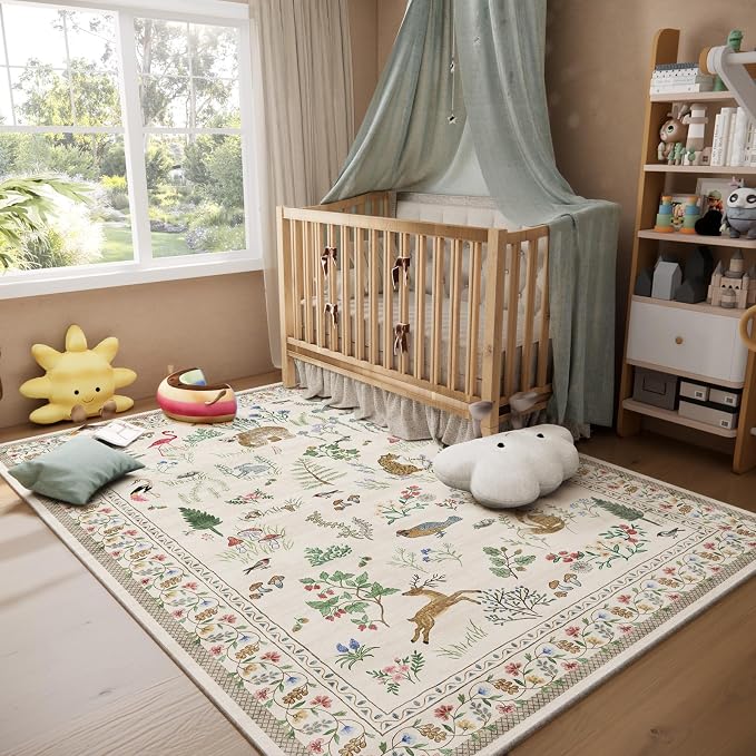 5x7 Area Rugs for Living Room: Washable Bedroom Rug Vintage Rugs Stain Resistant Non Slip Low Pile Soft Lightweight Carpet Rugs for Kitchen Dining Room Farmhouse Nursery Kids Room Home Office