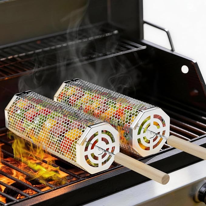 Octagonal Grill Basket, Heavy Duty 304 Stainless Steel BBQ Grilling Basket, Removable Handles, Nesting Storage, Smoker Camping Accessories, Gifts for Men Dad Husband(2PCS)