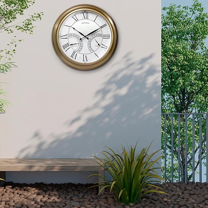 24 Inch in/Outdoor Wall Clock with Temperature and Humidity Combo, Large Outdoor Clock for Patio Large Waterproof with Thermometer,Antique Hamilton Gold Metal