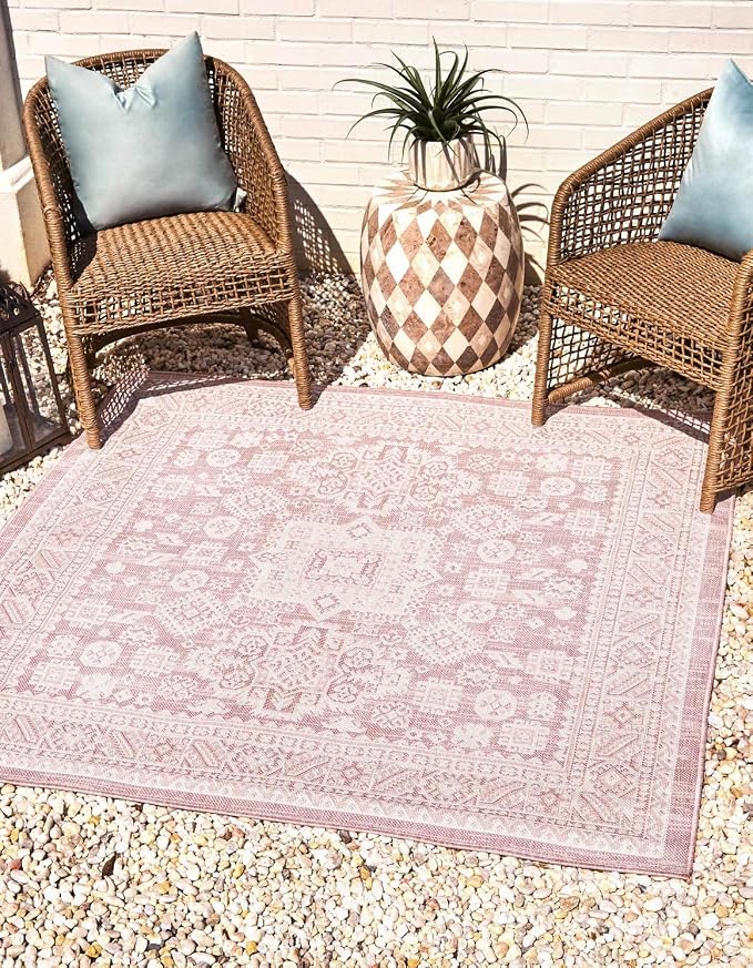 Unique Loom Outdoor Aztec Collection Area Rug - Chalca (10' Square, Pink/ Ivory)