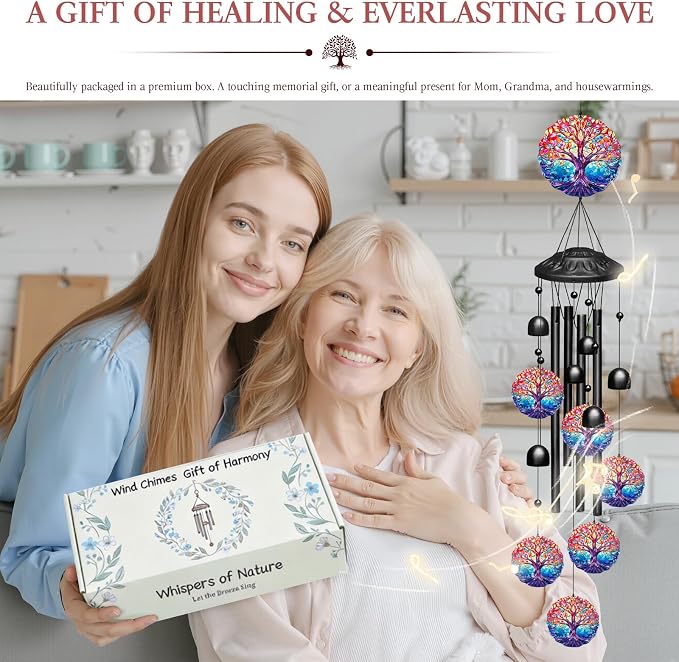 Tree of Life Wind Chimes for Outside,Soft Tone Metal Windchimes with Bells, Colorful Family Tree Decor for Garden Yard Patio,Memorial Sympathy Gifts for Women Mom in Gift Box