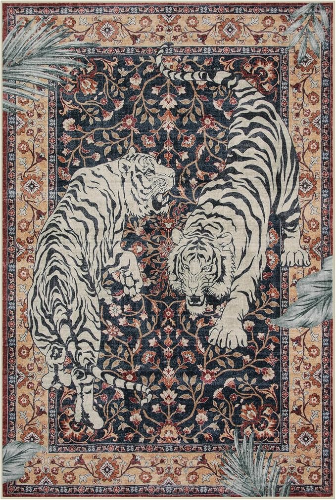 Moynesa Tiger Washable Area Rug, Boho 6x9 Rug for Living Room, Vintage Large Soft Bedroom Rug, Non Slip Ultra Thin Stain Resistant Floor Carpet for Dining Room Home Office, Puce Red