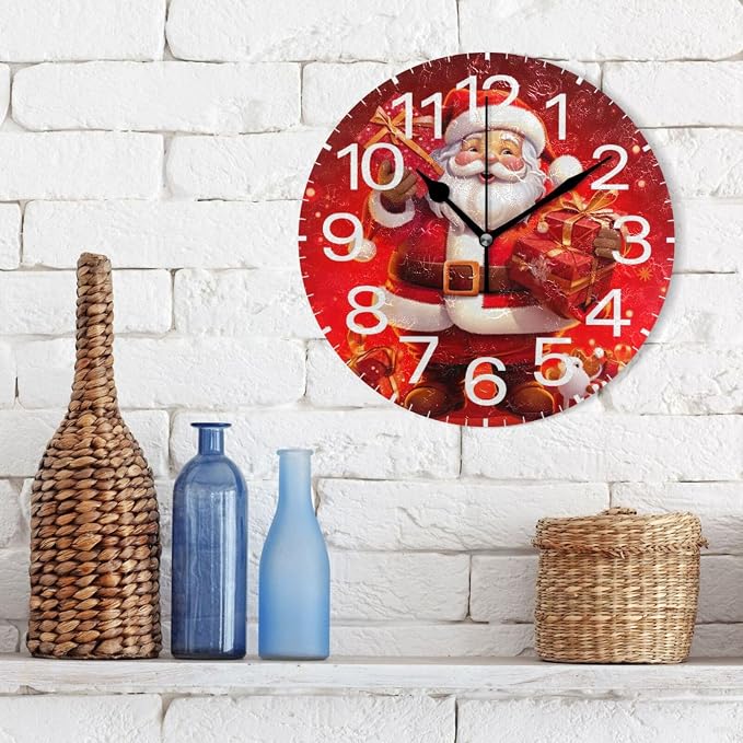 Christmas Santa Claus Wall Clock, Silent Non Ticking 10 Inch Battery Operated Wall Clocks, Easy to Read Clock for Home Kitchen Living Room Bathroom Office Decor