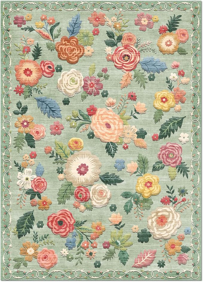 10x12 Area Rugs for Living Room: Large Washable Rug Lightweight Non Slip Low Pile Soft Faux Wool Non Shedding Distressed Vintage Floral Carpet Rugs for Bedroom Dining Room Kids Playroom Nursery Office