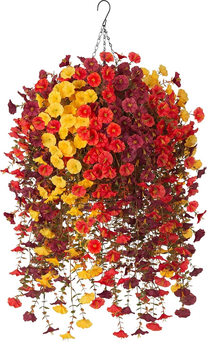 INXUGAO 12 PCS Fall Artificial Flowers Fake Plants with Hanging Basket | Realistic Silk Morning Glory Petunia Long Vines for Outdoor Garden Patio Front Porch Decor