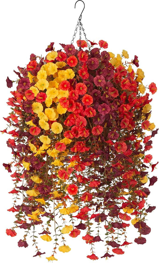 INXUGAO 12 PCS Fall Artificial Flowers Fake Plants with Hanging Basket | Realistic Silk Morning Glory Petunia Long Vines for Outdoor Garden Patio Front Porch Decor