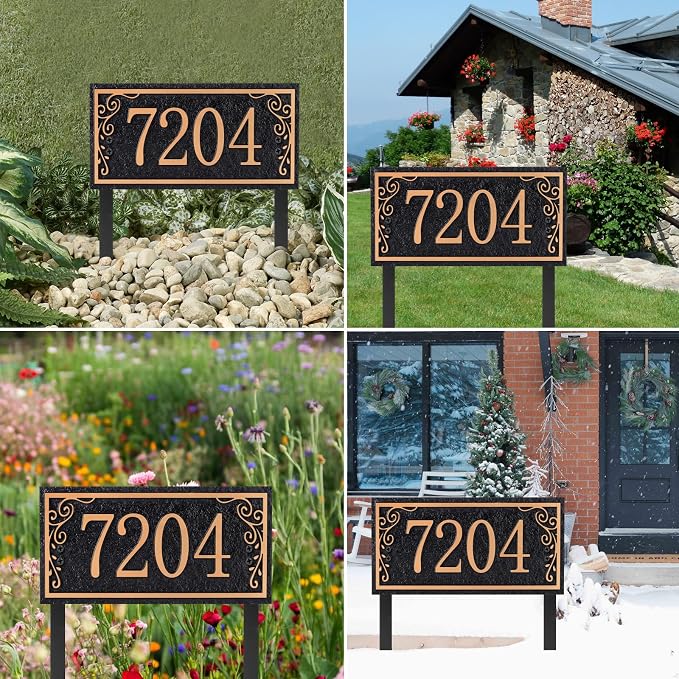 Lawn Address Sign Plaque - Personalized House Number Plaque Sign,Address Numbers for House Large Option Stakes Included (Black/Rose Gold)