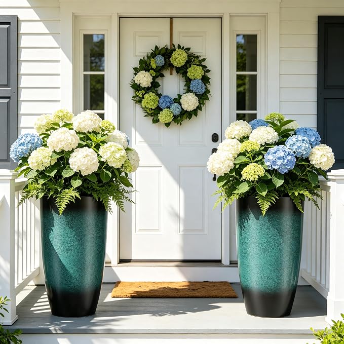 Autodaya 23.8" Tall Outdoor Planters Set of 2, Ceramic-Look Large Plastic Flower Pots with Drainage Holes, Gradient Turquoise Indoor Outdoor Plant Pots for Porch Patio Balcony Garden Home Decor