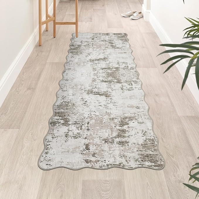 ROYHOME 2x6 Modern Abstract Scalloped Runner Rug Non Slip, Taupe | Soft Stain Resistant Low Pile Machine Washable Non Shed Rug for Hallway Kitchen Bathroom