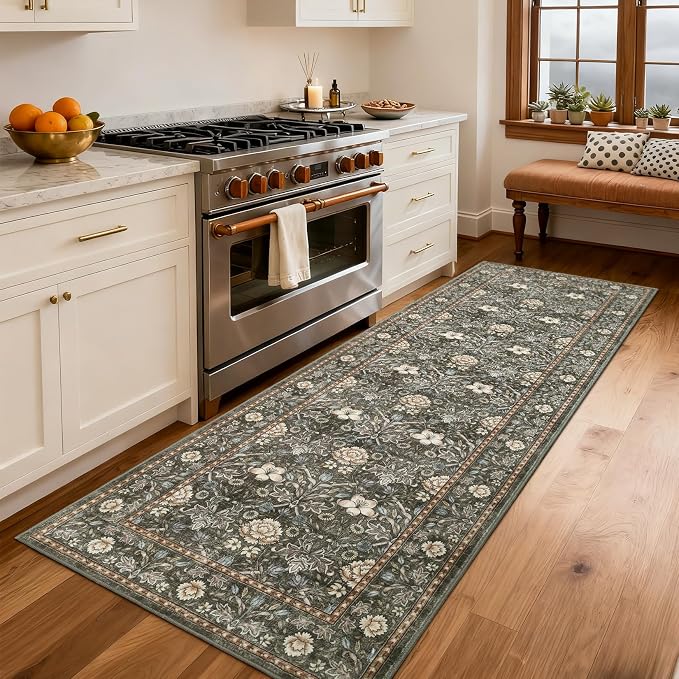 GarveeHome Washable Runner Rug 2x6, Non Slip Floral Kitchen Runner for Hallway Entryway Laundry Bathroom Mat Farmhouse Thin Stain Resistant Carpet for Bedroom Beside Rug