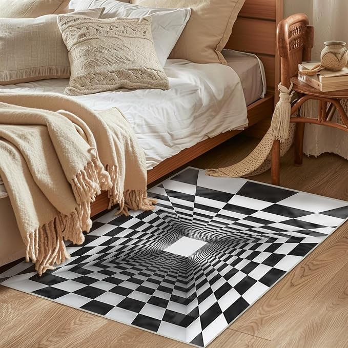 Boho Area Rug for Living Room Abstract 2x3 Entryway Rug Modern 3D Hole Trap Optical Visual Illusion Rugs Non Slip Low Pile Machine Washable Black White Floor Carpet for Indoor Bedroom Dining Room