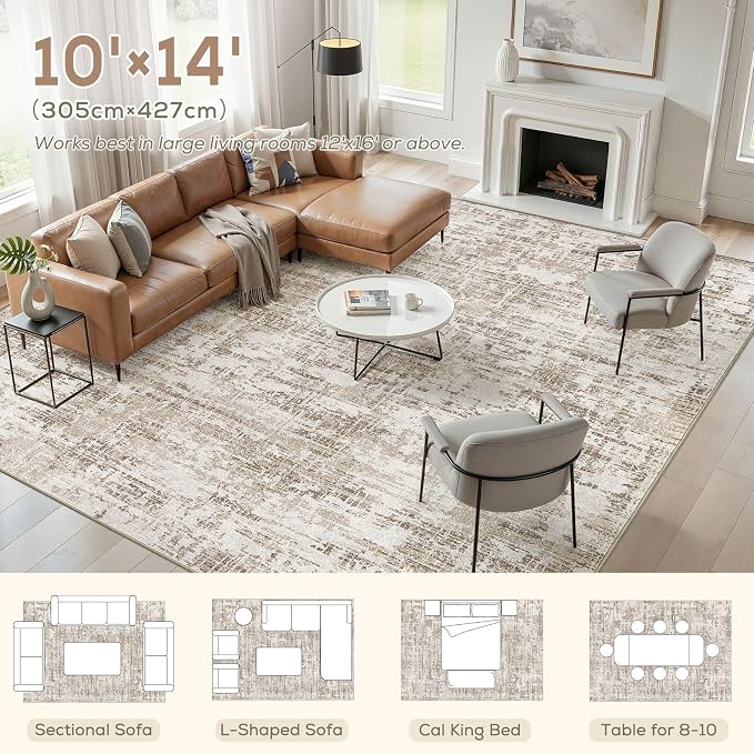 Nakagishi 10X14 Abstract Washable Area Rugs for Living Room-Brown-02 | Modern Non-Slip Silicone Backing Low Pile Soft Carpet for Bedroom Dining Decor Ideal for Families with Kids and Pets