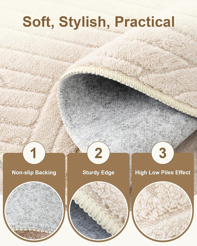 Carvapet Washable 6.5' Round Rug High Low Pile Beige Area Carpet | 3D-effect Soft plush non-slip indoor floor rug, ideal for living room, bedroom, home and kids nursery decor