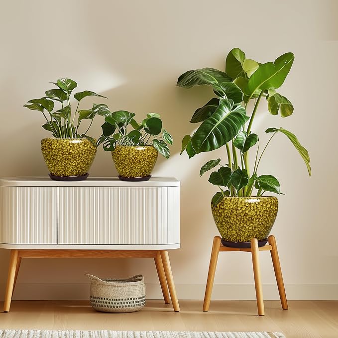 10 Inch Ceramic Plant Pot, Yellow Leopard | Indoor & Outdoor, Drainage Hole & Saucer, Round Planter, Modern Design, Garden Decor