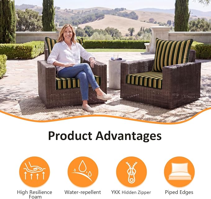 Unimatta Outdoor Patio Chair Cushions Set, 24" x 24"(24x24 Back), Set of 2, Water-Repellent, Fade Resistant, Deep Seat Bottom and Back Cushion for Backyard, Couch, Sofa, Sunset Cabana Stripe