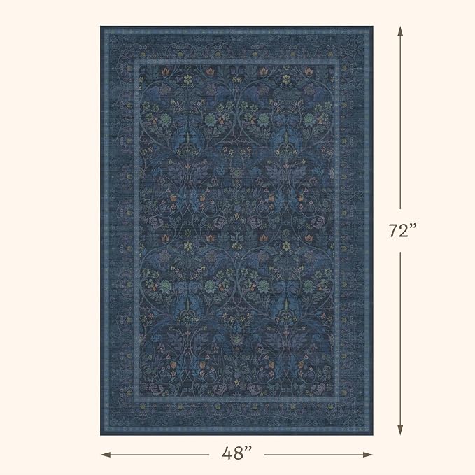 4x6 Washable Kitchen Rugs - Navy Blue Large Entryway Rugs Indoor, Non Slip Area Rug for Mudroom, Bedroom, Low Pile Stain Resistant Flower Victorian Carpet (Dark Blue)