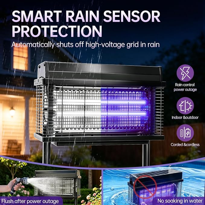 Solar Bug Zapper Outdoor, Purple UV Mosquito Zapper with Smart Rain Off Rechargeable Mosquito Killer Lamp, Wireless Solar Powered Fly Trap for Yard Patio RV (Pure Black)