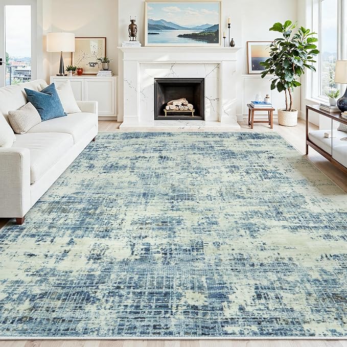 9x12 Washable Area Rug for Living Room Bedroom: Non-Slip Modern Blue Gray | Machine Washable TPR Backing, Stain-Resistant Low Pile, Pet & Kid Friendly, Abstract Decor for Dining Room, Dorm, Home Office