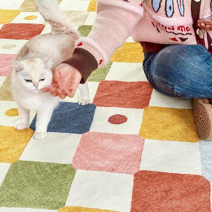 jinchan Checkered Square Rug 5x5 Washable Colorful Kids Room Play Mat | Soft, Non-Slip, Cute, Kid-Friendly, Modern Geometric Design, Cream Background, for Nursery, Playroom, Bedroom, Dorm, Daycare