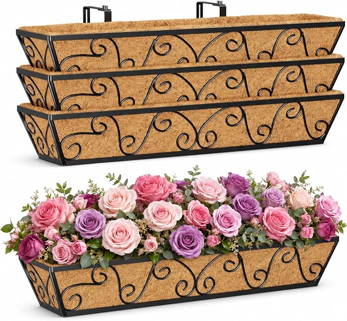 4PCS 30 Inch Railing Planter with Adjustable Brackets, Window Box with Coco Liner, Hanging Flower Box for Balcony Deck Fence, Metal, Black