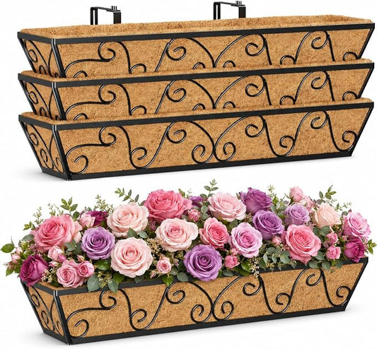 4PCS 30 Inch Railing Planter with Adjustable Brackets, Window Box with Coco Liner, Hanging Flower Box for Balcony Deck Fence, Metal, Black