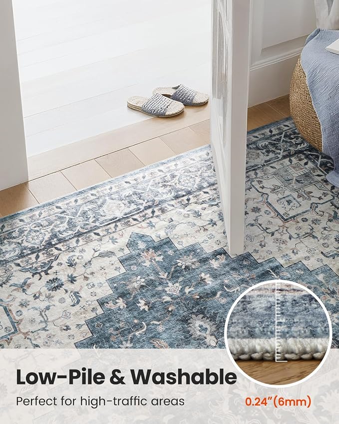 AMADA HOMEFURNISHING Round 6ft Area Rugs, Low-Profile Washable Rug with Non-Slip Backing & Durable Edge Binding, Vintage Rugs for Living Room, Bedroom, Dinning Room