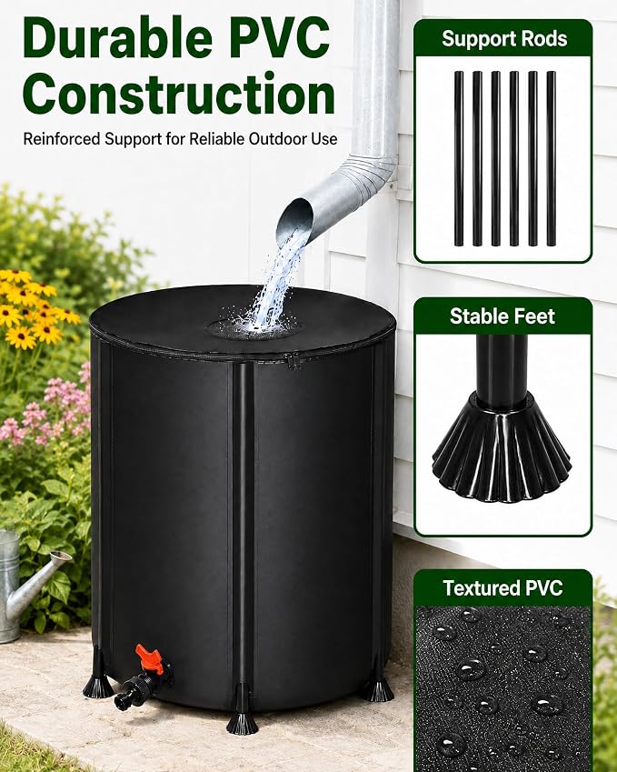 50 Gallon Collapsible Rain Barrel, Portable Rainwater Collection System, Water Storage Tank, Rain Catcher Barrel with Spigots and Overflow Kit,Rainwater Barrels Collector for Garden, Black