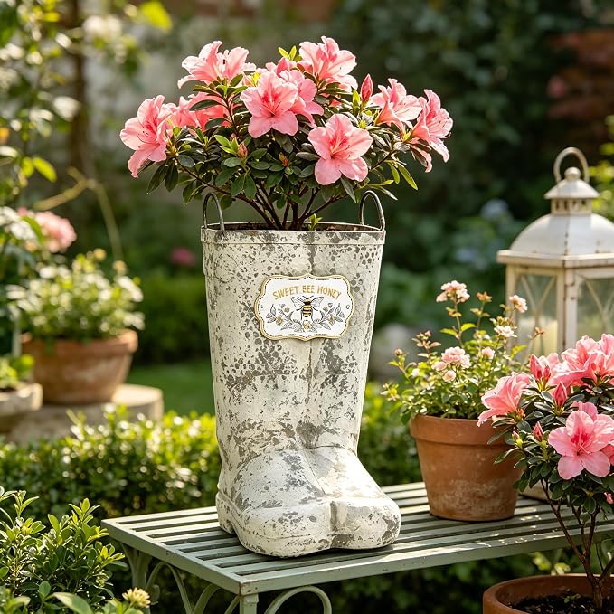 Vintage Metal Planters with Handle Distressed Decor Rustic Farmhouse Flower Pot with Sweet Bee Honey Emblem, Indoor/Outdoor Decorative Plants Buckets for Wedding Home Garden Patio Decor