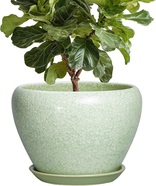 10 Inch Ceramic Planter, Crackle Light Green | Drainage Hole and Saucer, Indoor Outdoor Use, Round Shape, Room Decor