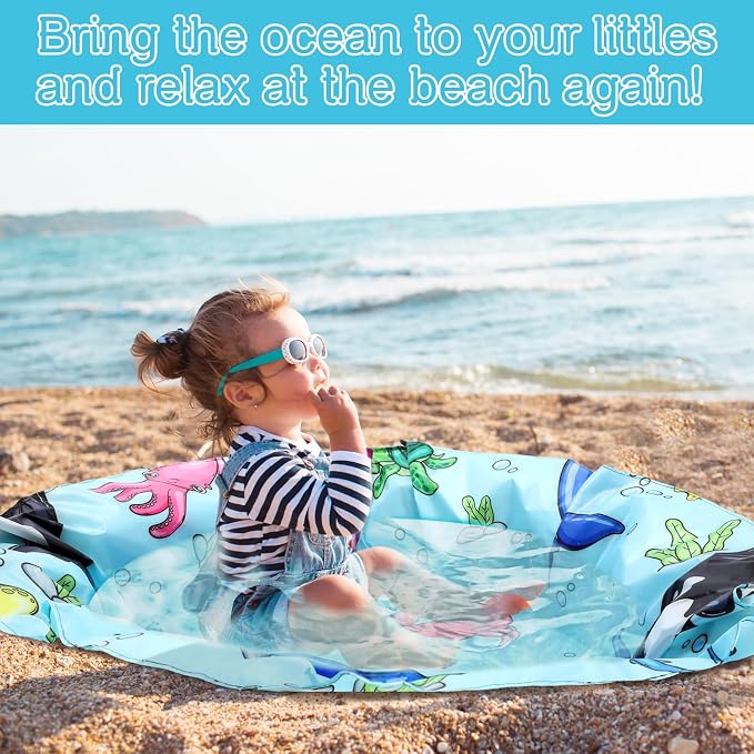 Tondiamo Baby Beach Pool for Toddler Kids Waterproof Foldable, 4.6 x 4.6 ft | 2 in 1 Sandproof Play Blanket, Portable Outdoor Vacation Summer, Mini Splash Pad, Quick Setup with Drawstring