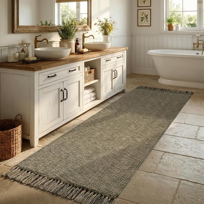 Moss Green Kitchen Runner Rug, Modern Farmhouse Hallway Rugs | Boho Washable Bathroom Rugs, 2.6' x 8' Braided Entry Hall Carpet for Laundry Bedroom Decor