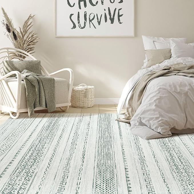 Nakagishi Boho 5x7 Area Rug Living Room Rugs Machine Washable Green | Soft, Pet & Kid Friendly, Carpet for Living Room/Bedroom/Office/Kitchen/Nursery, Daily Home Decor Stain Resistant Moroccan