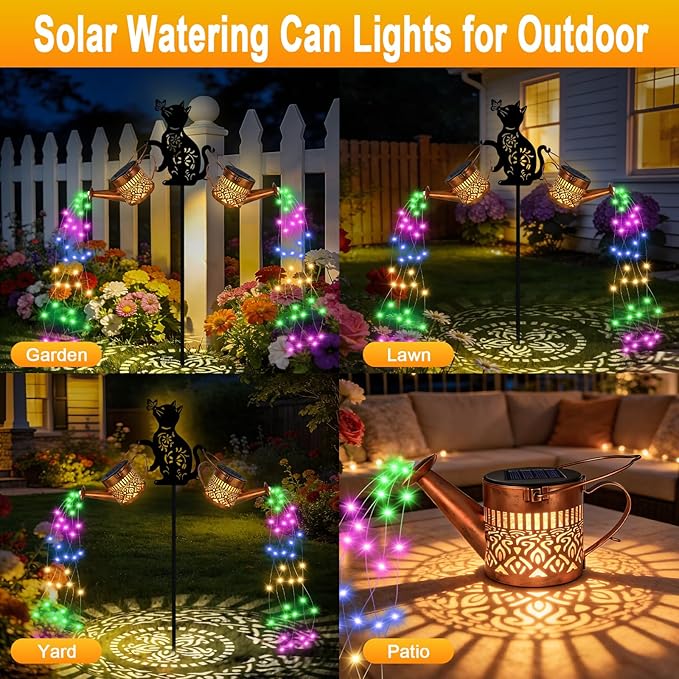 2 Pack Solar Watering Can Lights, Solar Lights Outdoor Decorative, Cat Hanging Lantern Landscape Light Waterproof, Garden Decor for Yard Lawn, Gifts for Mom Women Cat Lover (Multicolor)