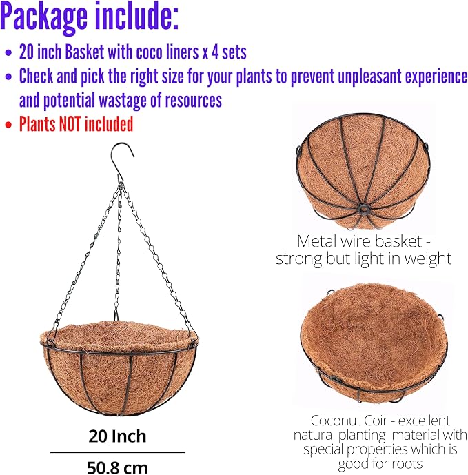 LaLaGreen Hanging Baskets for Plant Outdoor (20 Inch, 4 Pack) Extra Large Black Metal Wire Hanging Planter with Coco Liner Round Flower Pot Holder Hanger Deck Porch Modern Garden Balcony Country Decor