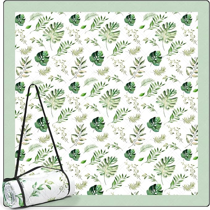 DEWUR Picnic Blankets 79"x79" Extra Large Outdoor Blanket Beach Blanket Waterproof SandProof Picnic Mat Washable Foldable Portable for Grass Lawn Beach Camping (Green with Leaves)