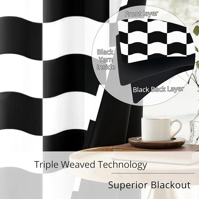 Wavy Checkered Black and White 100% Blackout Curtains for Bedroom Living Room, Modern Pattern Window Drapes, Thermal Insulated, Noise Reducing, Grommet Top, Set of 2 Panels, Each W52xL63